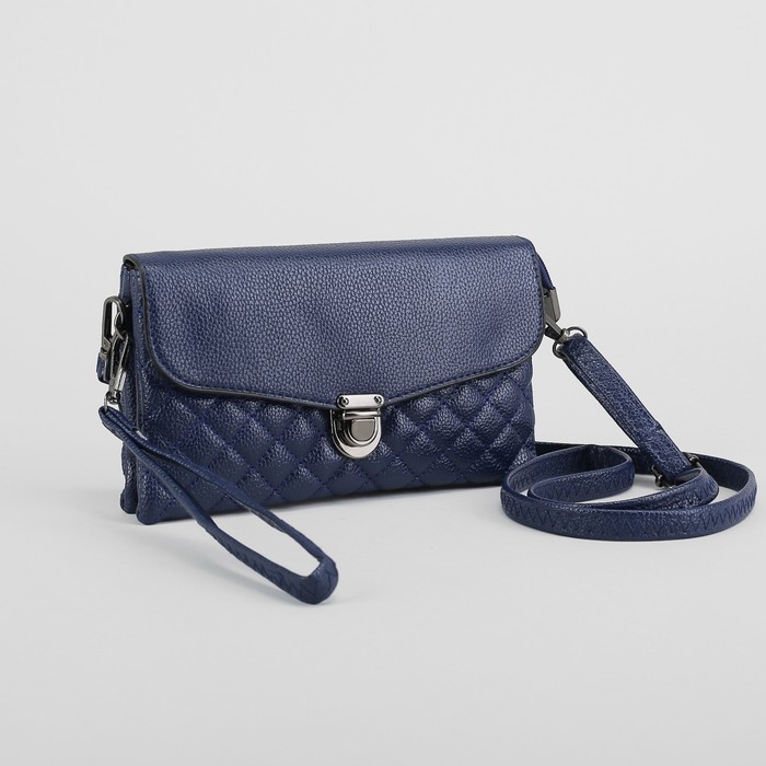 Клатч женский на молнии, 3 отдела, с ручкой, длинный ремень, цвет синий