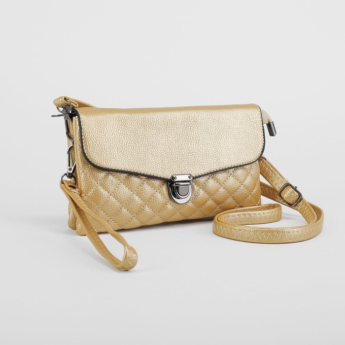Клатч женский на молнии, 3 отдела, с ручкой, длинный ремень, цвет золотой