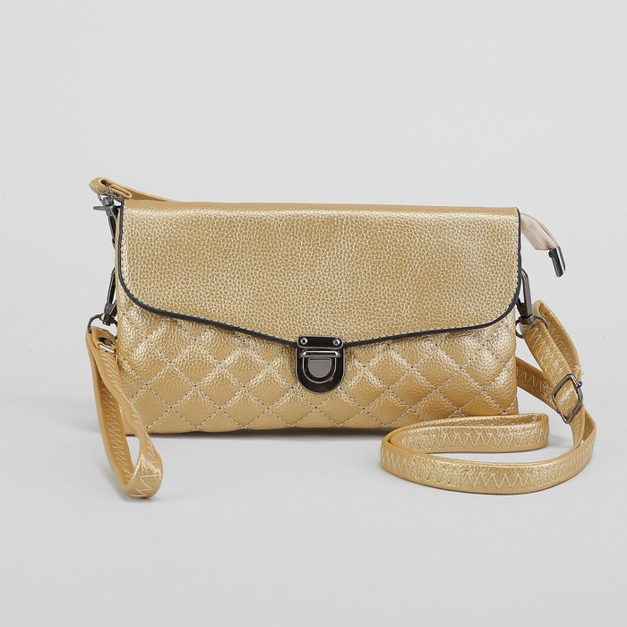 Клатч женский на молнии, 3 отдела, с ручкой, длинный ремень, цвет золотой
