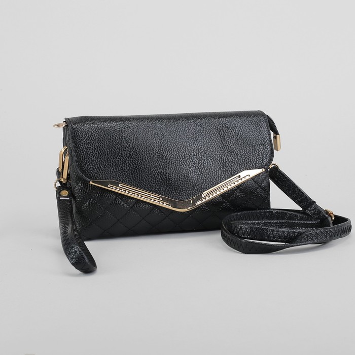 Клатч женский на молнии, 3 отдела, с ручкой, длинный ремень, цвет чёрный