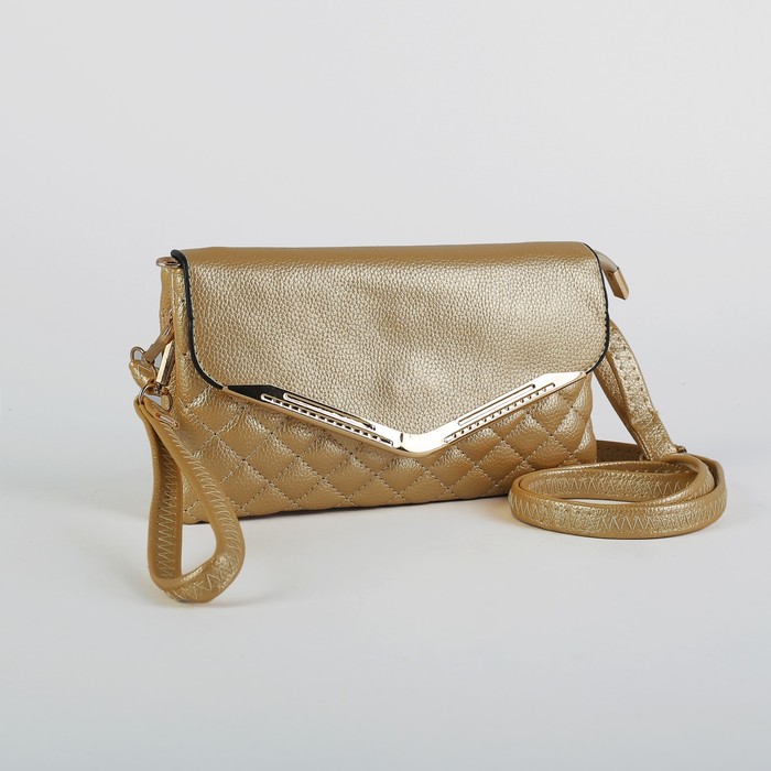 Клатч женский на молнии, 3 отдела, с ручкой, длинный ремень, цвет золотой