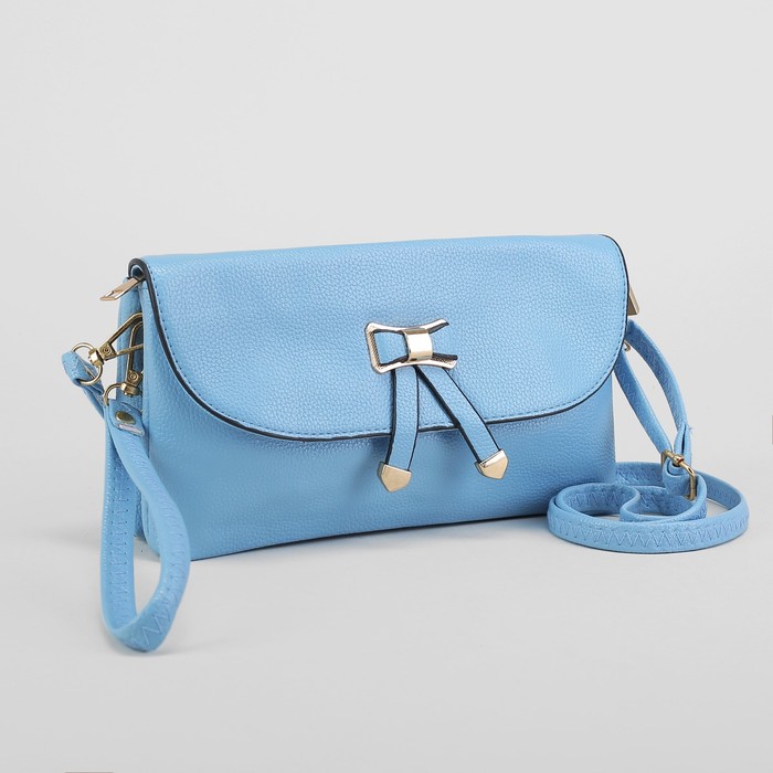 Клатч женский на молнии, 3 отдела, с ручкой, наружный карман, длинный ремень, цвет голубой