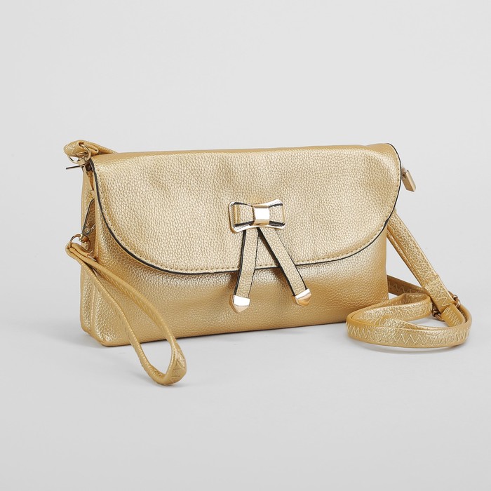 Клатч женский на молнии, 3 отдела, с ручкой, наружный карман, длинный ремень, цвет золотой