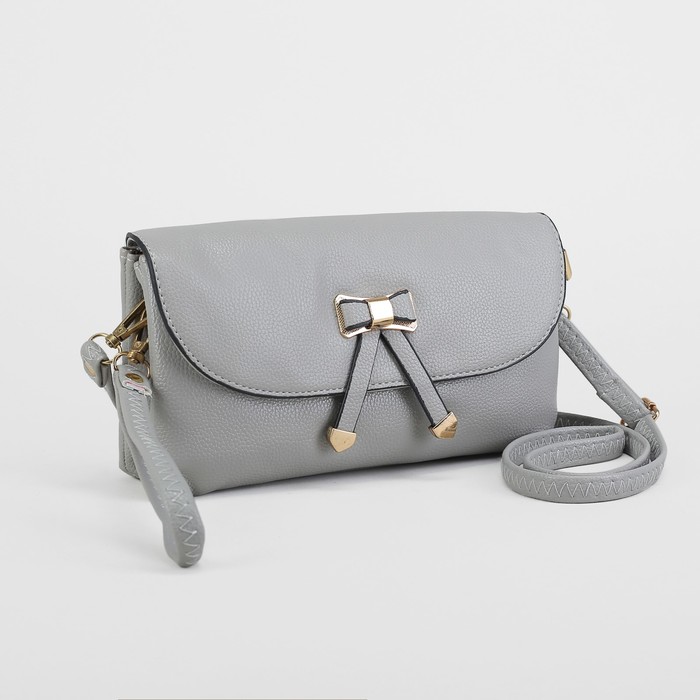 Клатч женский на молнии, 3 отдела, с ручкой, наружный карман, длинный ремень, цвет серый