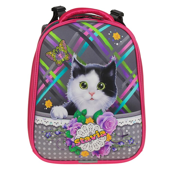 Рюкзак каркасный Stavia 38*30*16 эргономичная спинка, для девочки «Муся» 8059Б серый