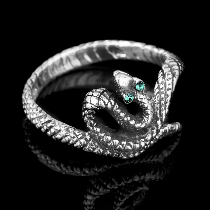 Кольцо бижар "Ужик", размер 18,5, цвет зелёный в чернёном серебре
