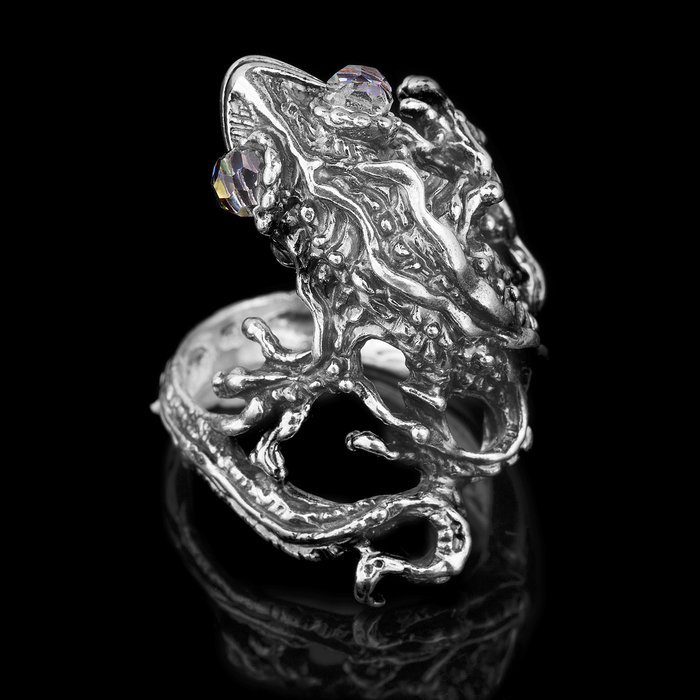 Кольцо бижар "Игуана", размер 17,5, цвет бензиновый в чернёном серебре