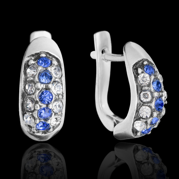 Серьги бижар "Альянс большой", цвет бело-синий в чернёном серебре