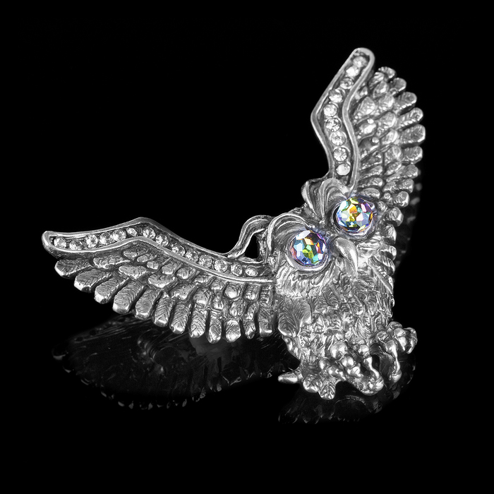 Брошь бижар "Сова", цвет бензиновый в чернёном серебре