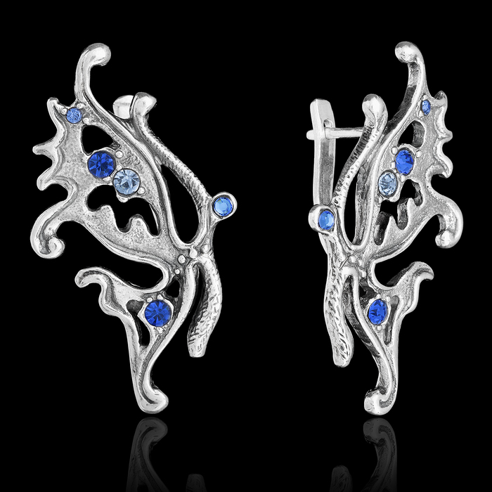 Серьги бижар "Бабочка", цвет синий в чернёном серебре