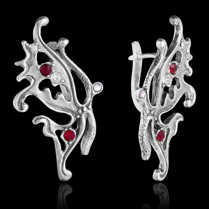 Серьги бижар "Бабочка", цвет красный в чернёном серебре