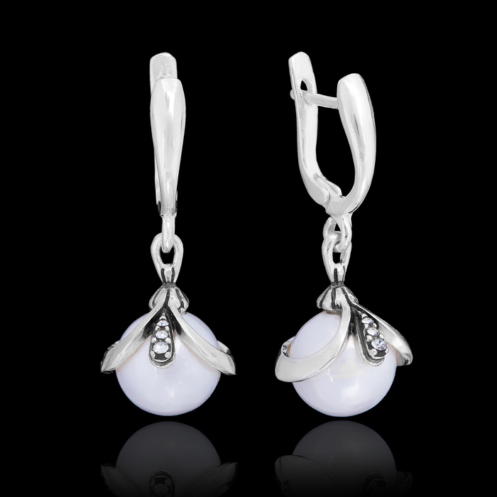 Серьги бижар "Нежность" майорка, цвет белый в чернёном серебре