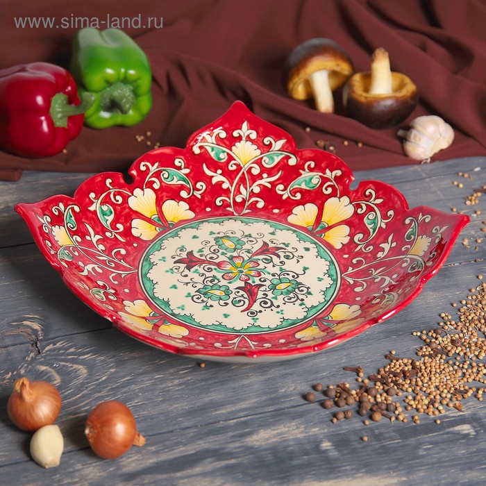 Фруктовница Риштанская Керамика Цветы, 33 см, квадратная, красная 