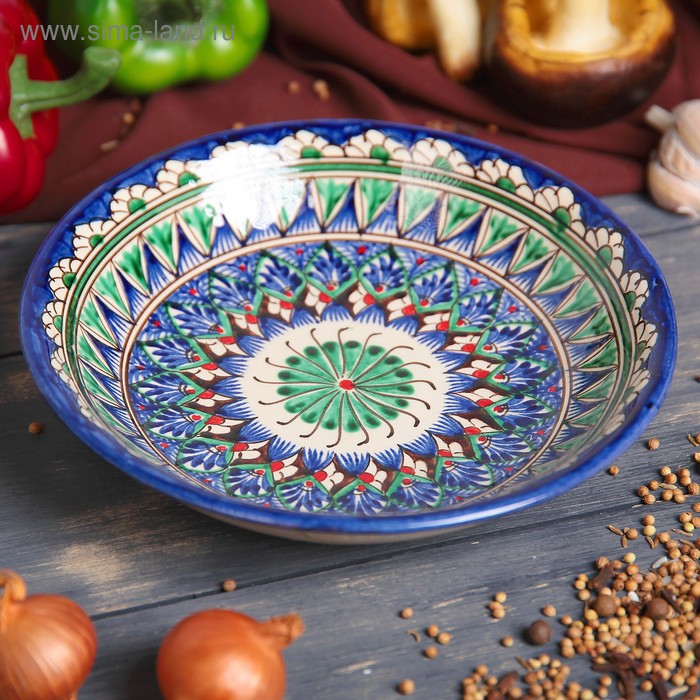 Тарелка Риштанская Керамика Узоры, синяя, глубокая, 20 см тарелка fioretta wood red 20 см глубокая керамика