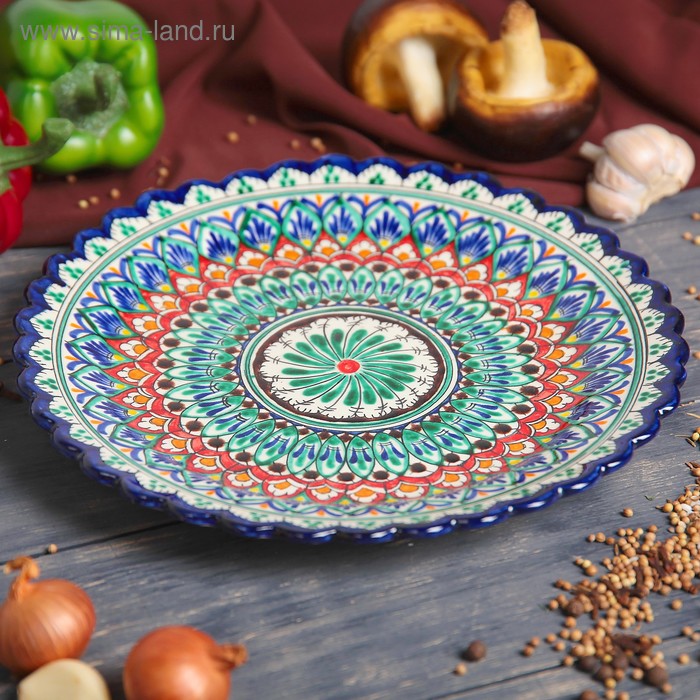 Тарелка Риштанская Керамика Цветы, синяя, рельефная, 25см