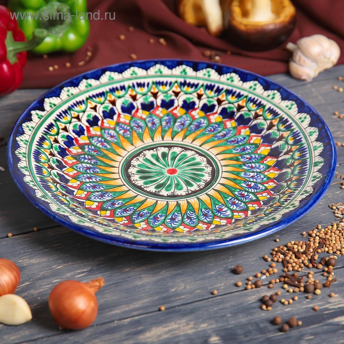 Тарелка Риштанская Керамика Цветы, 25 см, синий