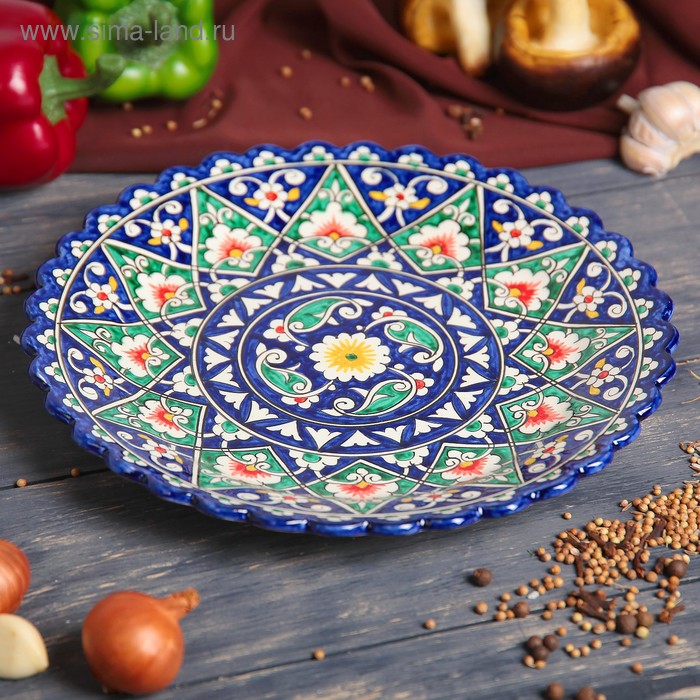 Тарелка Риштанская Керамика Цветы, синяя, рельефная, 25 см тарелка риштанская керамика цветы синяя рельефная 17 см микс