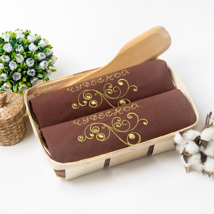 Набор салфеток Этель"Чудесной"40*40Цв.Шоколад сВМГО хл,200 гр/м2-2шт+дер.лопатка