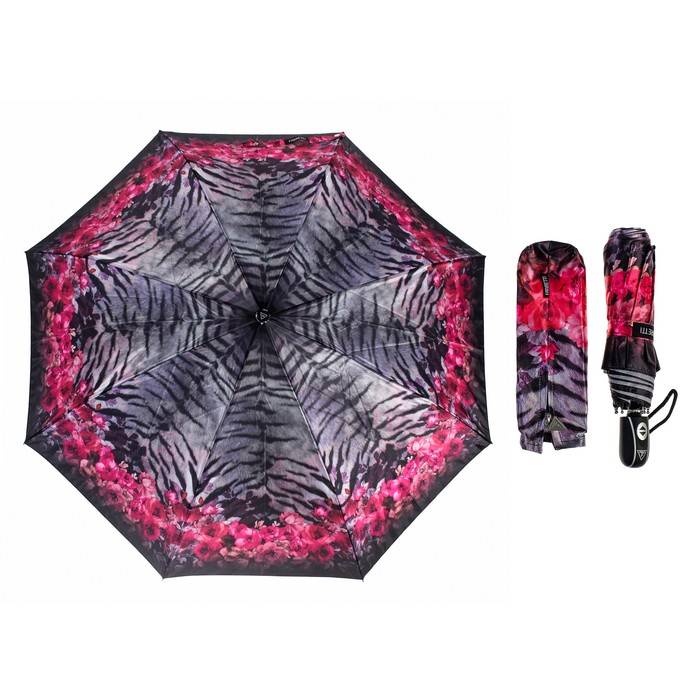 Зонт автоматический "Цветы и полосы", R=52см, цвет розовый/серый