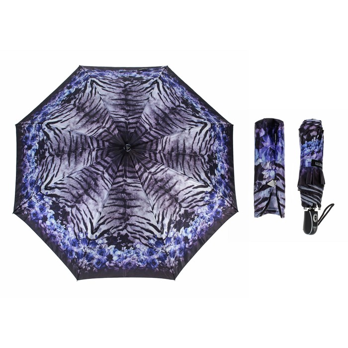 Зонт автоматический "Цветы и полосы", R=52см, цвет серый/синий