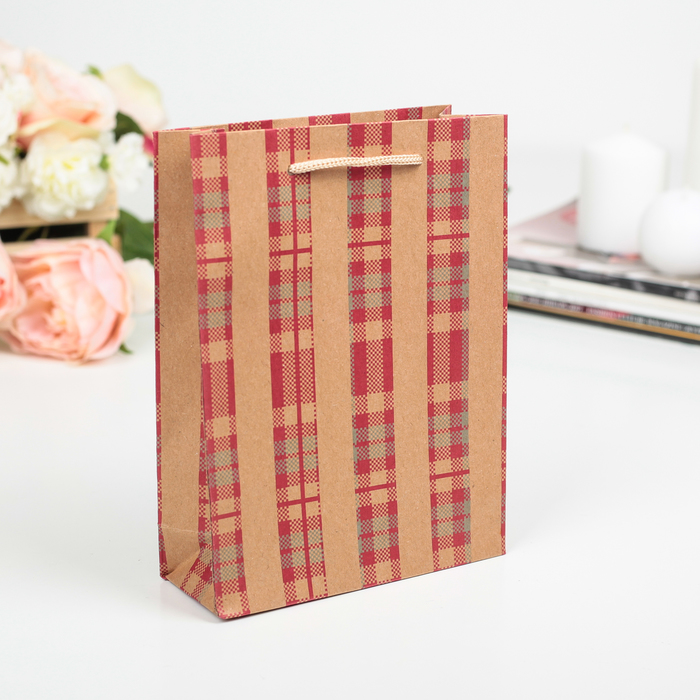 Пакет крафт "В клеточку", розовый, 15 х 6 х 20 см