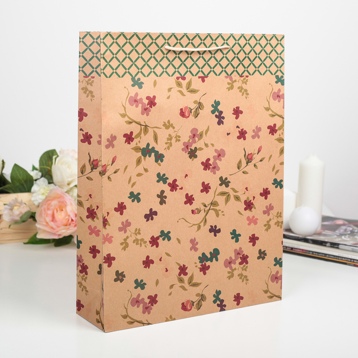 Пакет крафт "Цветы", 31,5 х 9,5 х 41,5 см