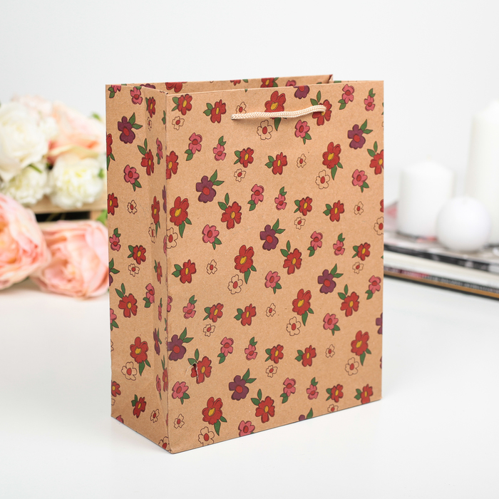 Пакет крафт "Цветочки", 19 х 8 х 24 см