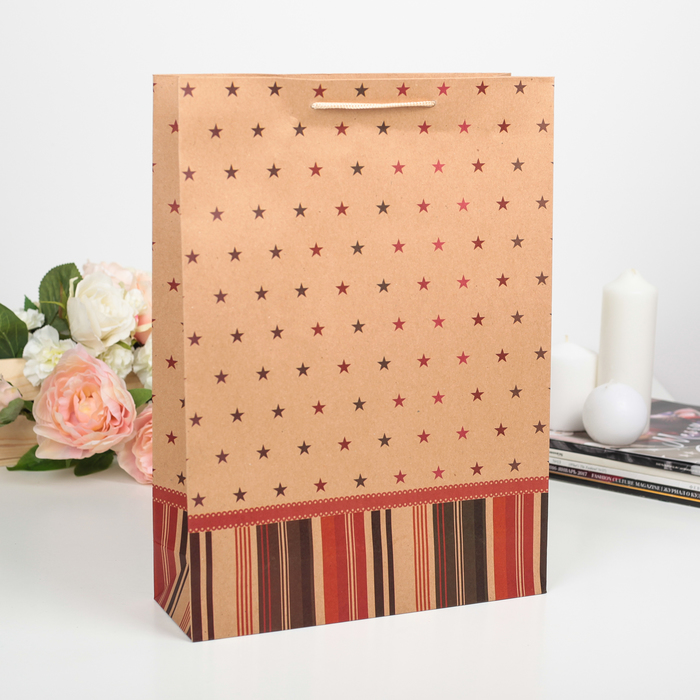 Пакет крафт "Звёзды", 27 х 9 х 37 см