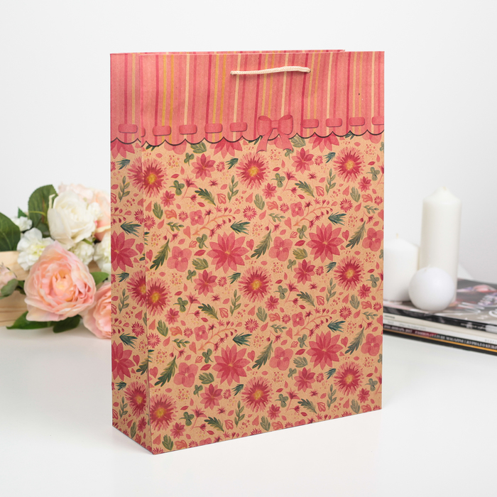Пакет крафт "Розовые цветы", 27 х 9 х 37 см