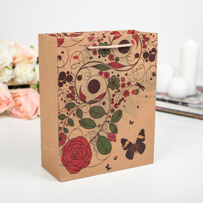 Пакет крафт "Цветочные узоры", 31,5 х 9,5 х 41,5 см