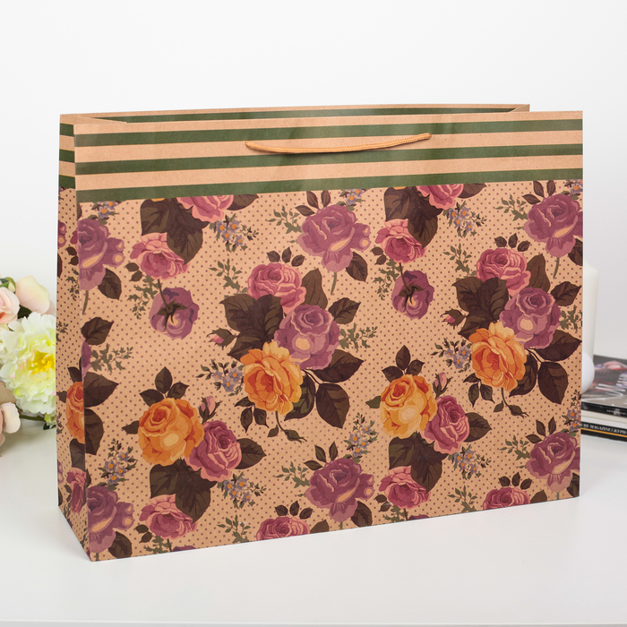 Пакет крафт "Цветочный принт", 49 х 13 х 38 см