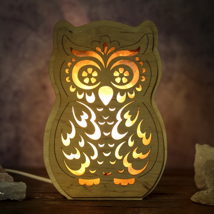 Светильник соляной "Сова", с кристаллами соли, 18 x 13 х 7 см, деревянный декор