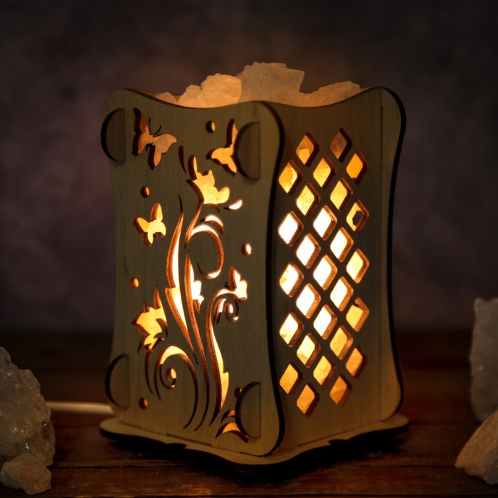 Соляной светильник "Цветок с бабочкой", 9 х 14 см, деревянный декор