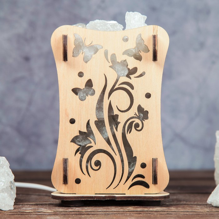 Соляной светильник "Цветок с бабочкой", 9 х 14 см, деревянный декор