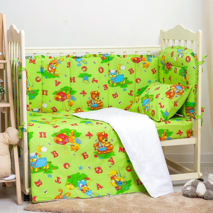 Комплект в кроватку (4 предмета) "Алфавит" зеленый, 110х140, 90х150, 40х60 см, бязь хл100% 308817