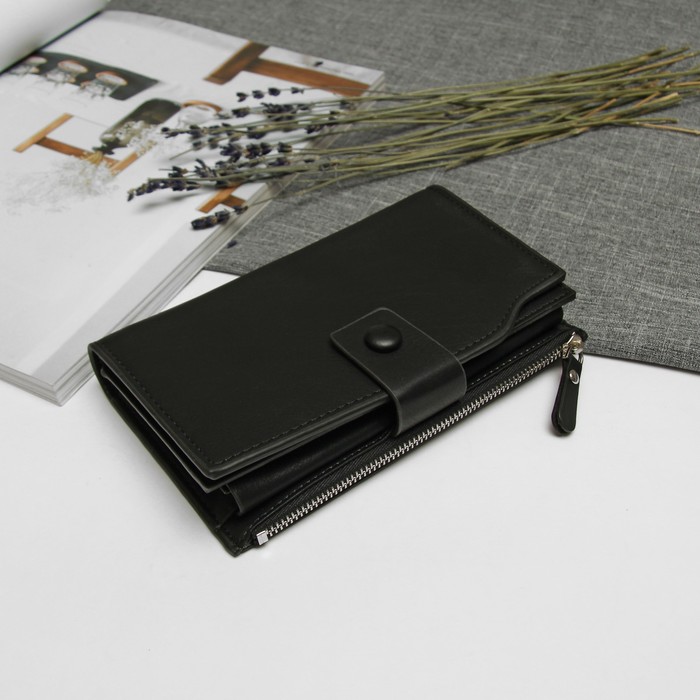 Кошелёк женский, 2 отдела, отдел для карт и монет, наружный карман, цвет чёрный