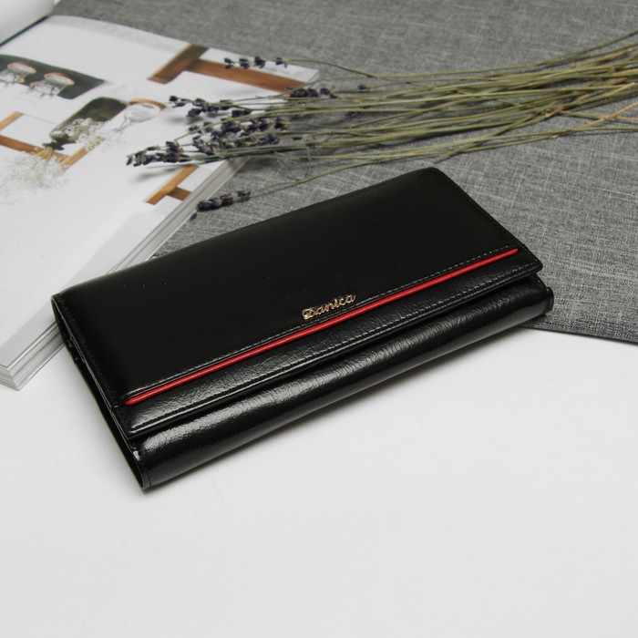 Кошелёк женский на магните, 2 отдела рамка, 5 отделов для кредиток, наружный карман, цвет чёрный