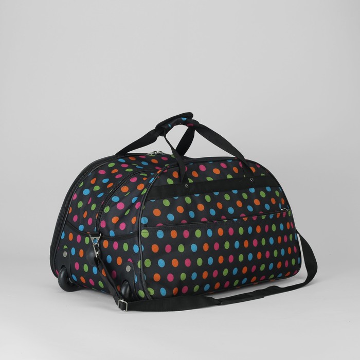 Сумка дорожная на колёсах, 1 отдел, 3 наружных кармана, ремень, цвет чёрный/горох