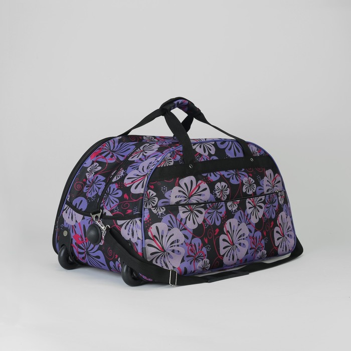 Сумка дорожная на колёсах «Пионы», 1 отдел, 3 наружных кармана, ремень, цвет чёрный