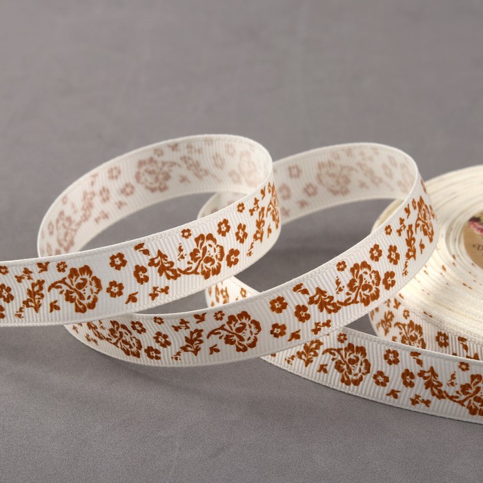 Лента репсовая "Цветы", 15мм, 22±1м, цвет бежевый