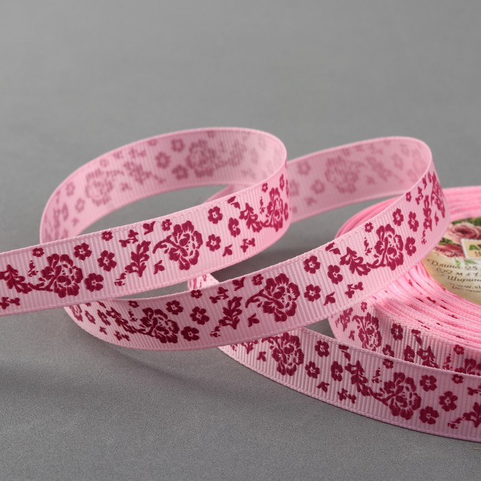 Лента репсовая "Цветы", 15мм, 22±1м, цвет розовый