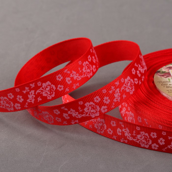 Лента репсовая "Цветы", 15мм, 22±1м, цвет красный