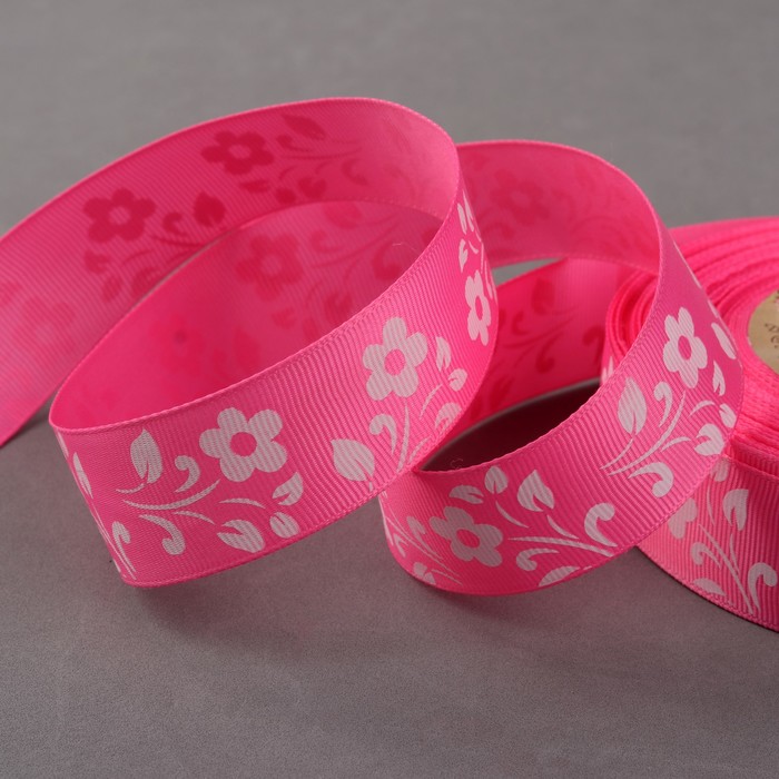 Лента репсовая "Ромашки", 25мм, 22±1м, цвет розовый