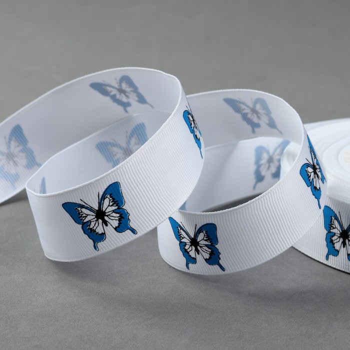 Лента репсовая "Бабочки", 25мм, 22±1м, цвет белый/голубой
