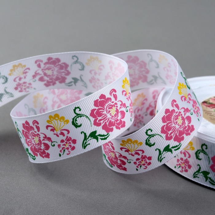 Лента репсовая "Цветы", 25мм, 22±1м, цвет белый