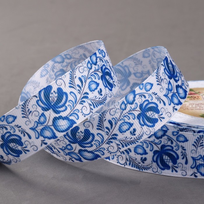 Лента репсовая "Гжель", 25мм, 18±1м, цвет белый