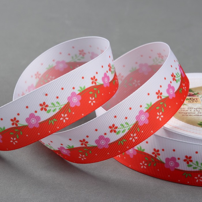 Лента репсовая "Цветочки", 25мм, 18±1м, цвет белый/красный