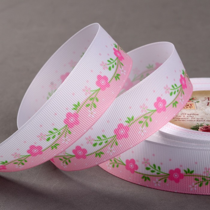 Лента репсовая "Цветочки", 25мм, 18±1м, цвет белый/розовый