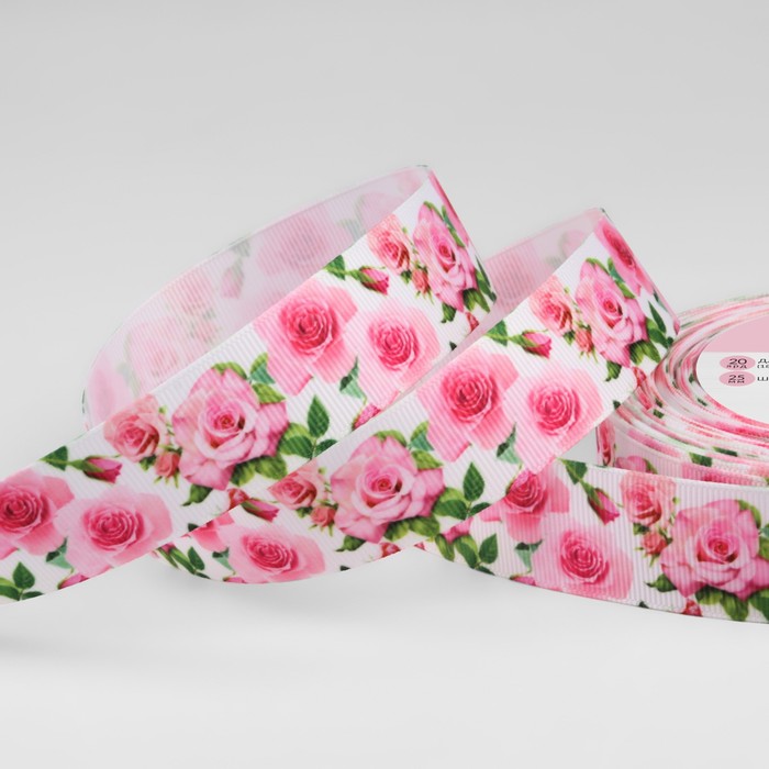 Лента репсовая «Розы», 25 мм, 18 ± 1 м, цвет белый/розовый лента репсовая розы 25 мм 18 ± 1 м цвет белый розовый