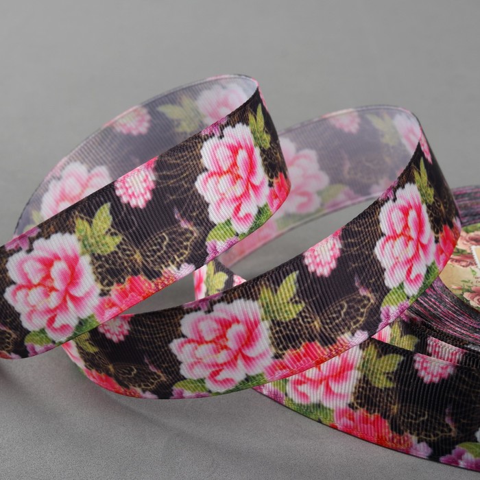 Лента репсовая "Цветы", 25мм, 18±1м, цвет чёрный/розовый